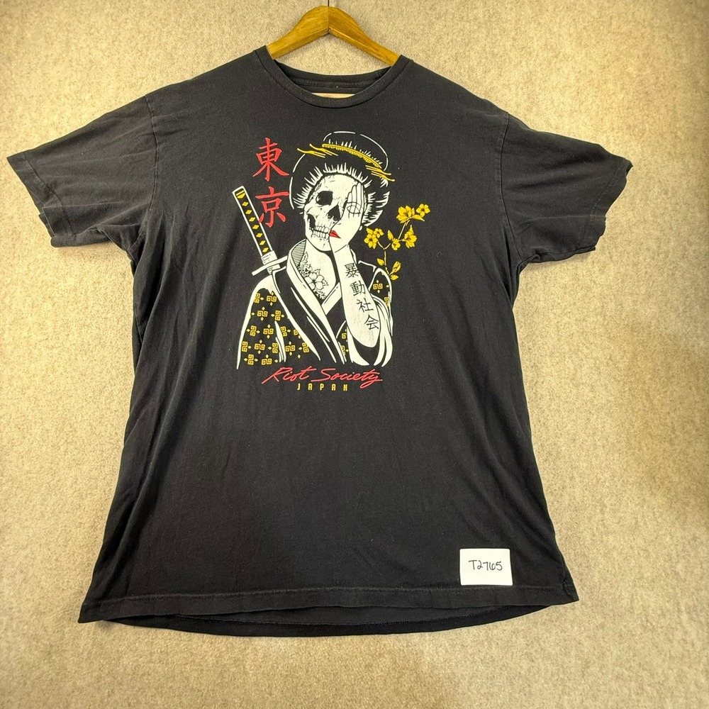 Riot Society Japan Geisha Skull Katana Graphic T-Shirt Mens XL Black Cotton Tee